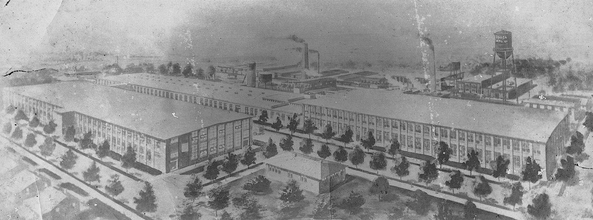 Aerial illustration of the Coosa Manufacturing Company textile mill