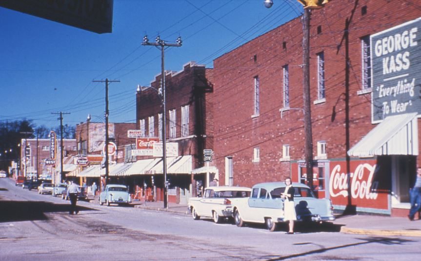 Downtown Piedmont storefronts in the 1960s, including George Kass