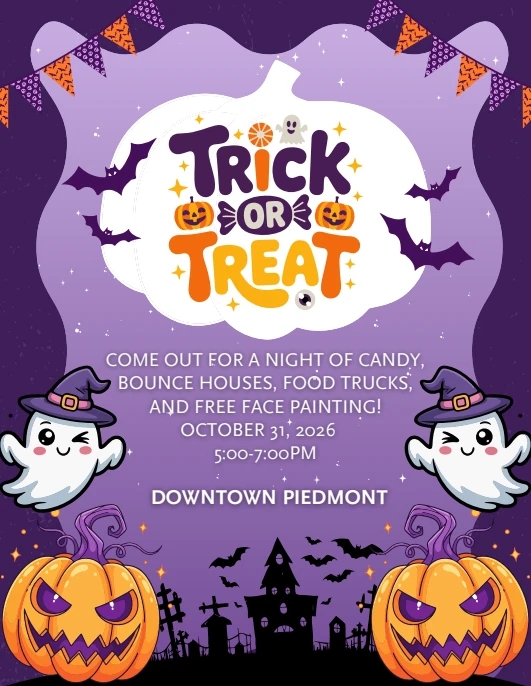 Trick or Treat flyer: candy, bounce houses, food trucks, and free face painting, October 31, 2026, 5:00–7:00 PM, Downtown Piedmont