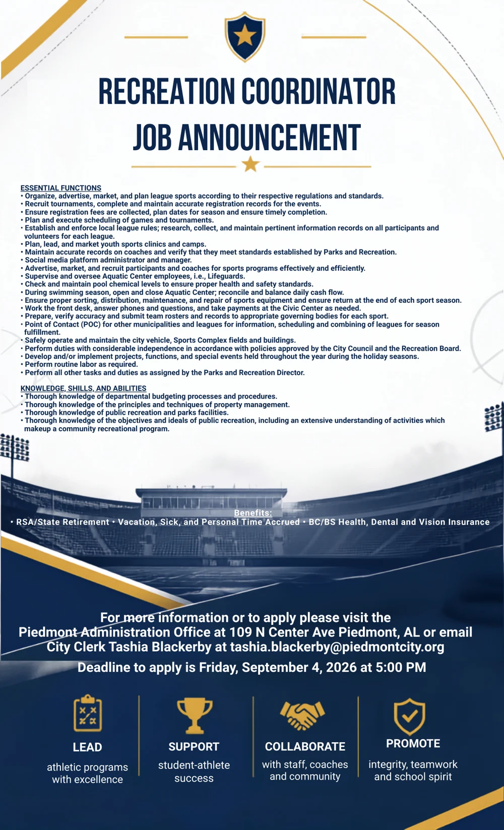 Recreation Coordinator job announcement listing essential functions, benefits, and the September 4, 2026 application deadline
