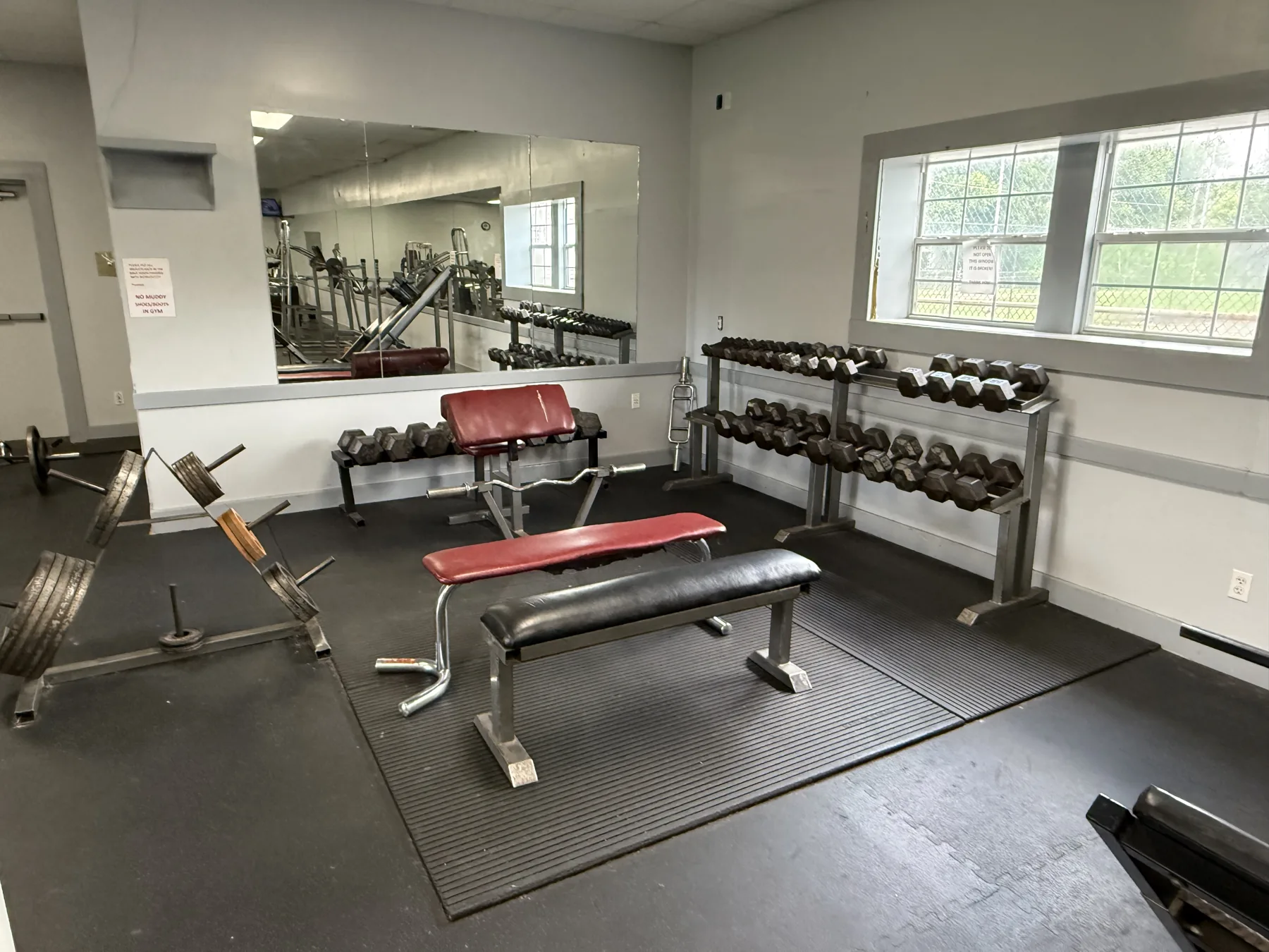 Free weights and benches in the Civic Center fitness room