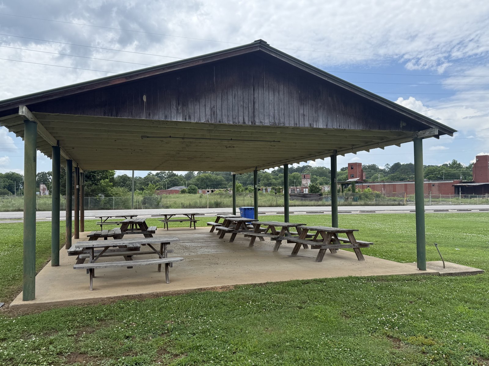 The covered picnic pavilion at Fagan's Park with picnic tables