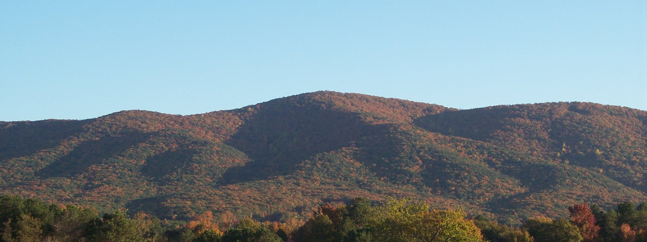 Dugger Mountain in fall color rising above an open field near Piedmont, Alabama